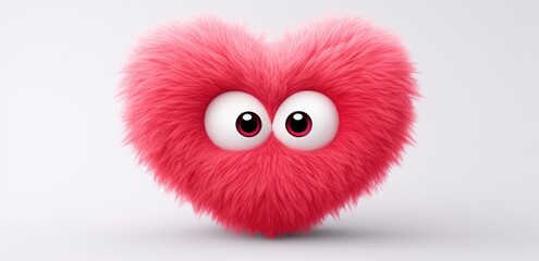 cute fuzzy furry heart on a monochrome background with emotion. Cartoon Heart with big realistic eyes. Pink shades