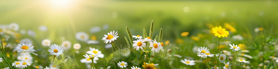 Beautiful spring landscape with meadow flowers and daisies in the grass. Natural summer panorama. - obrazy, fototapety, plakaty