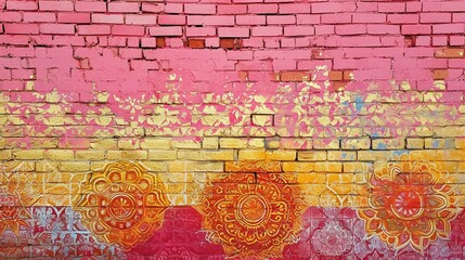 Sunset-hued brick wall with vibrant intricate coral, peach, and gold patterns, a hypnotic tapestry.