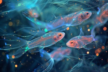 Transparent fish with neon blue light effects swimming in dark underwater scene with glowing particles.
