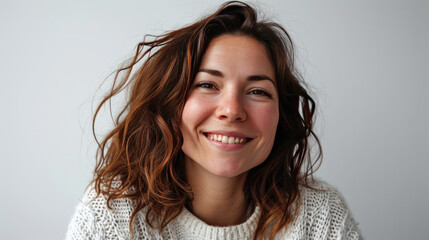 Naklejka premium Portrait of a happy middle-aged woman looks in camera on white background.