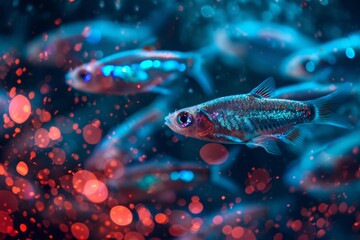Fototapeta premium Neon tetra fish swimming in blue illuminated water with red bokeh lights.
