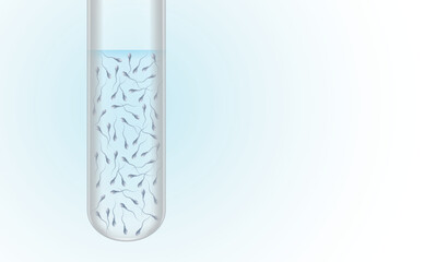 Test tube with spermatozoa. Scientific illustration with semen, spermogram and reproductive health concept. Blue gradient background. copy space.