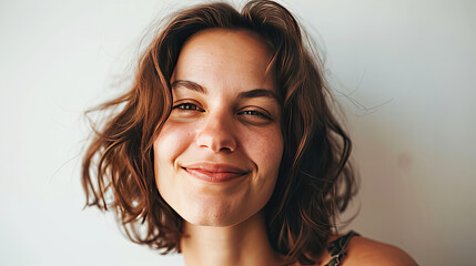 Portrait of a happy middle-aged woman looks in camera on white background.