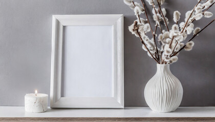 Mock up white frame and dry twigs in vase on book shelf or desk. White colors. 