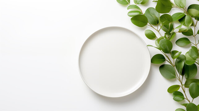 a minimalistic white round plate with a vibrant green plant sprawled diagonally, offering a fresh for beauty skincare cosmetic products display backdrop