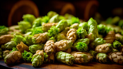 Macro closeup of green ripe hop cones on table. Branch of hop cones for making beer and bread