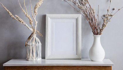 Mock up white frame and dry twigs in vase on book shelf or desk. White colors. 