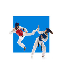 Fototapeta na wymiar Young girl in dobok, kimono and helmet in motion, training, practicing taekwondo stunts isolated over white background with blue element. Concept of martial arts, combat sport, competition. Poster