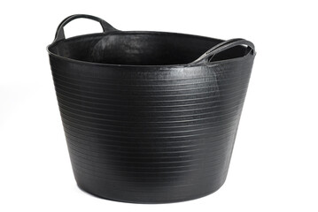 Black rubbery plastic basket bucket isolated on white background.