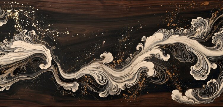 Swirling waves of ebony and ivory, mimicking fluid water movements, form an intricate pattern on chestnut wood.