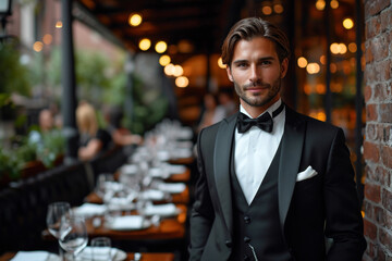 Fashioned waiter for luxury party - obrazy, fototapety, plakaty