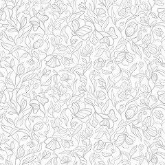 Outline flowers seamless pattern. Linear floral background. Hand drawn leaves and plants in doodle style. Vector illustration with graphic motif, abstract art for feminine, beauty, wedding templates. © Marina