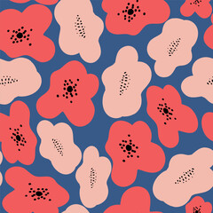 Puppies red and pink on blue background seamless pattern flat