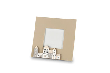 Photo frame with small houses isolated on white background 3D illustration