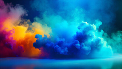 Fototapeta na wymiar Blue background, realistic multi-colored smoke in the foreground; design element; creative layout