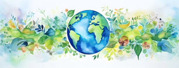 Foto op Canvas Watercolor Earth illustration. Hand drawn watercolor planet with green leaves. Earth Day © Oksana