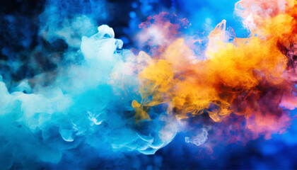 Fototapeta na wymiar Blue background, realistic multi-colored smoke in the foreground; design element; creative layout