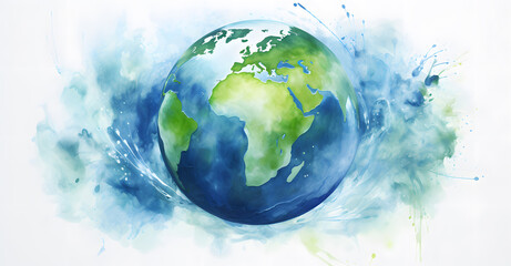 Obraz na płótnie Canvas Watercolor Earth illustration. Hand drawn watercolor planet with green leaves. Earth Day
