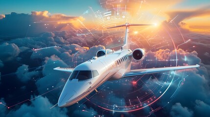Sky Symphony Futuristic Jet Soars Amidst Abstract Radar Signals in High-Tech Aviation Dance - obrazy, fototapety, plakaty
