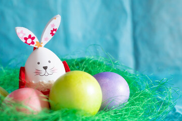 Colorful Easter eggs and bunny rabbit in green next decoration on blue background