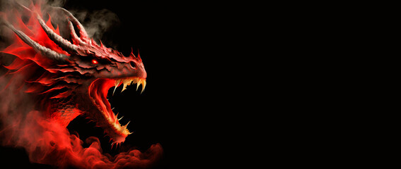 Closeup of a red dragon head with open jaws and smoke, on a black background with copy space. Generative Ai.