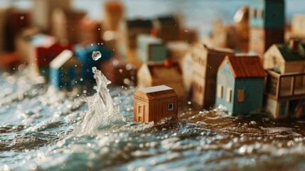 A huge wave comes from back washes away a toy town made of wooden blocks