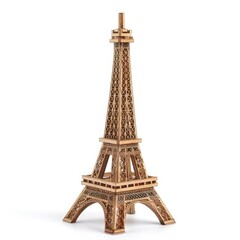 Toy small wooden world architectural landmark Eiffel Tower isolated on white background