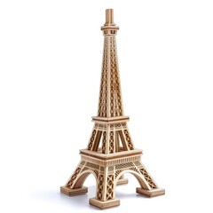 Toy small wooden world architectural landmark Eiffel Tower isolated on white background