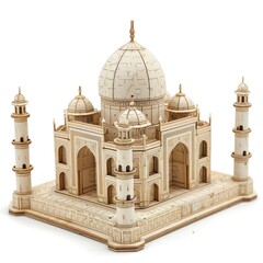 Fototapeta na wymiar Toy small wooden world architectural landmark The Taj Mahal isolated on white background