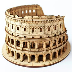 Toy small wooden world architectural landmark The Colosseum isolated on white background
