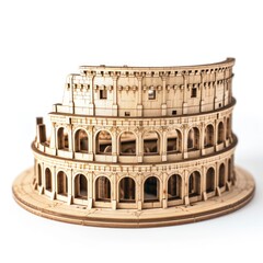 Toy small wooden world architectural landmark The Colosseum isolated on white background