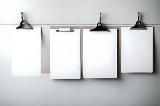 A white clipboard with blank papers attached, hanging on a wall.