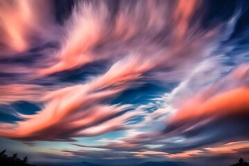 Wispy clouds drenched in shades of coral and indigo, creating a surreal and enchanting sky.