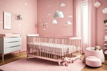 A baby's crib and changing table against a pastel pink wall in a nursery.