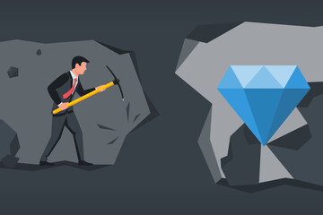 Man mines money. Heavy work for income. Vector illustration flat design. Isolated on white background. Man with a pickaxe in a cave. Close to goal.
