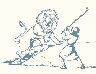 Vector drawing. An angry lion steal sheep