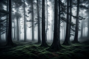 A misty morning in a pine forest, where the trees are shrouded in fog, creating a sense of mystery and intrigue.