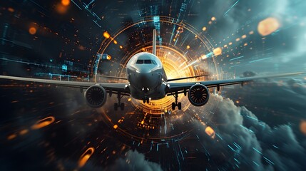 Skyborne Symphony Futuristic Jet Soars Amid Abstract Radar Signals