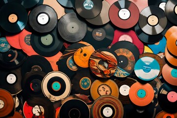 A stack of old vinyl records arranged haphazardly, with their vibrant covers facing different directions.