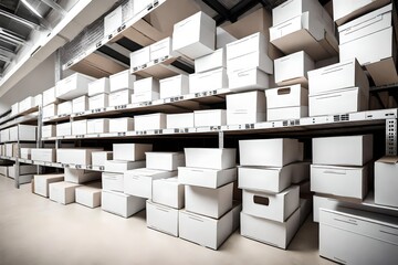 A stack of plain white boxes arranged neatly in a warehouse.