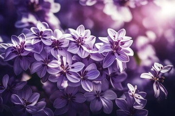A close-up shot of lilac flowers in full bloom, their delicate petals capturing the sunlight against a solid ultraviolet background.