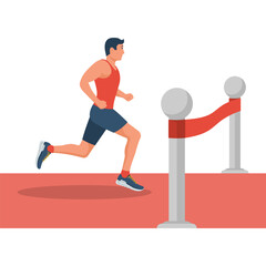 Obraz premium Runner at the finish line. Sprinting athlete at the finish with a winning tape. Vector illustration flat design. Isolated on white background. Sport man. Speed race and winner.