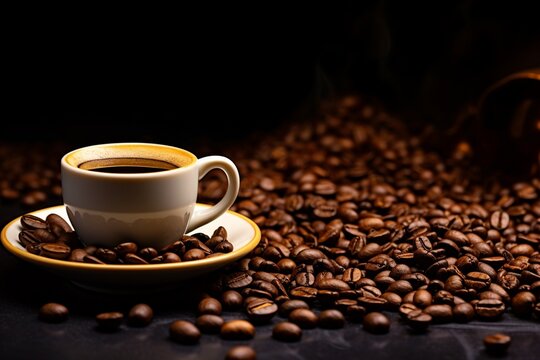 Cup of coffee and coffee beans on gold black background. © Muhammad