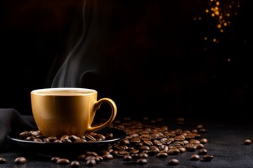 Cup of coffee and coffee beans on gold black background.