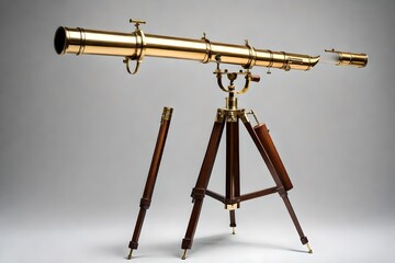 Fototapeta premium A classic brass telescope with extendable tubes, displayed on a sturdy tripod.