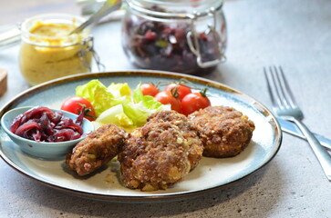 a traditional Czech dish of fried meatballs, minced meat with vegetables,