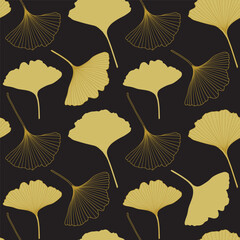 Autumn ginkgo plant vector seamless pattern. Ginkgo biloba tree leaf outlines, silhouettes.