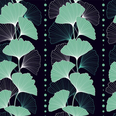 Floral ginkgo plant vector seamless pattern. Ginkgo biloba tree leaf outlines, silhouettes.
