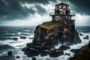 A crumbling, isolated watchtower on a cliff, with a panoramic view of the stormy sea below, standing strong against the elements.